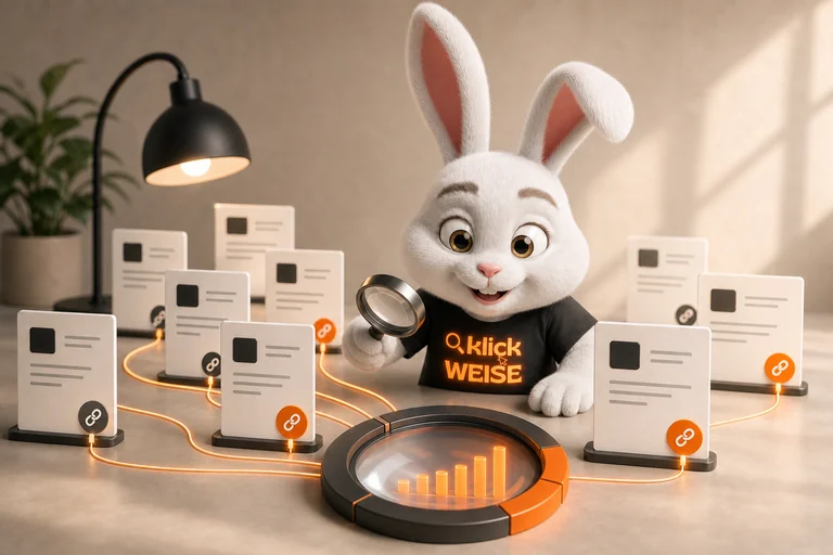 Klickweise-Maskottchen visualisiert Zitationsrate in einer eigenständigen Mess- und Analyseszene.